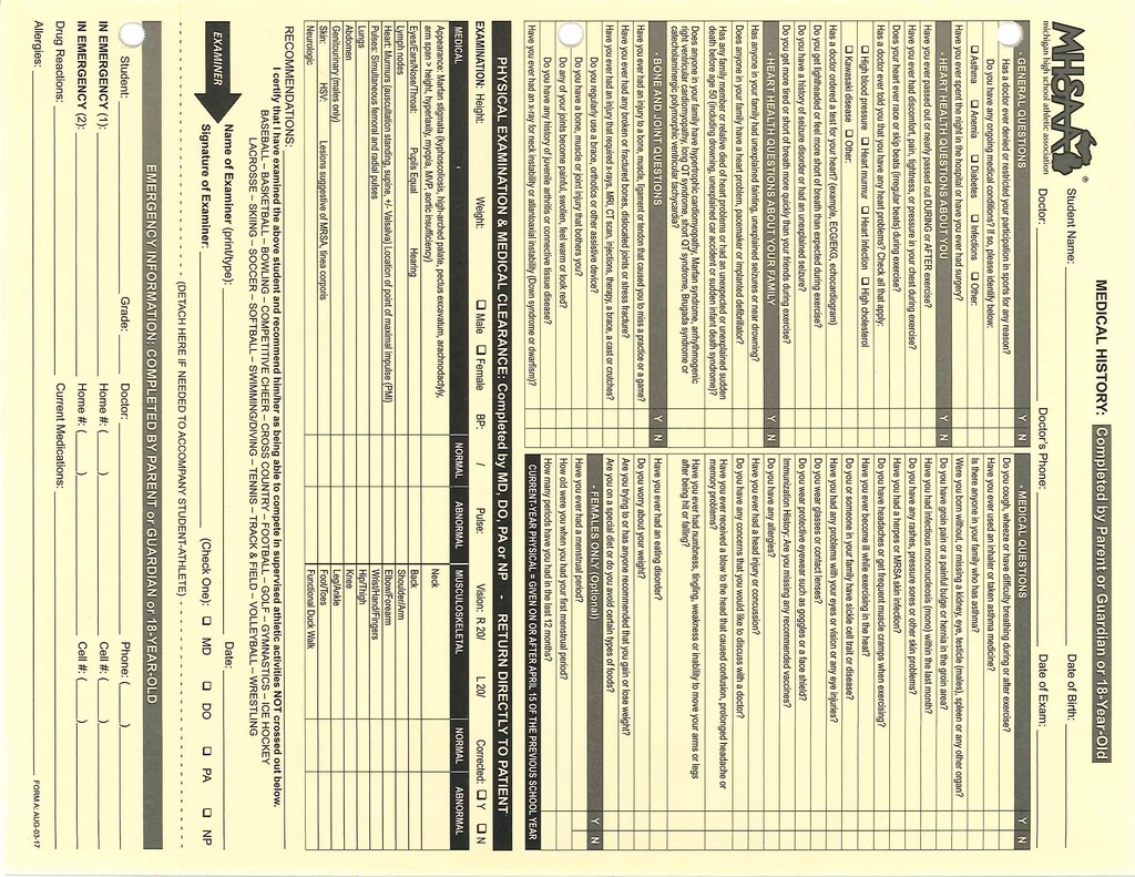 MHSAA Physical, page 1