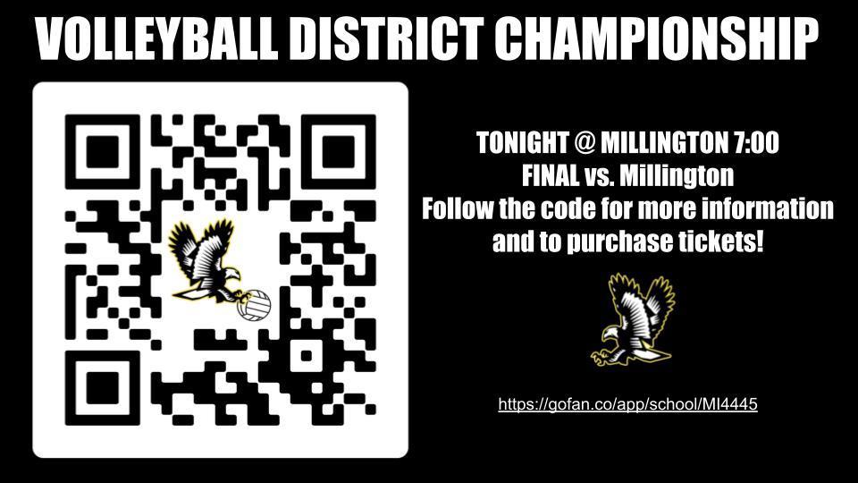The link changed for tickets tonight to the Volleyball District Final!!!  https://gofan.co/app/school/MI4445 