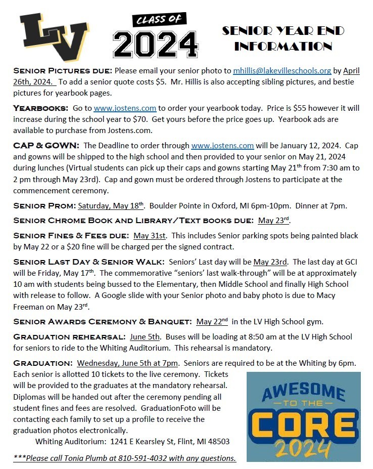 Class of 2024 Parents and Students! Please check out our 2024 Senior Calendar of important dates and information. Any and all questions, please call Tonia Plumb at 810-591-4032.